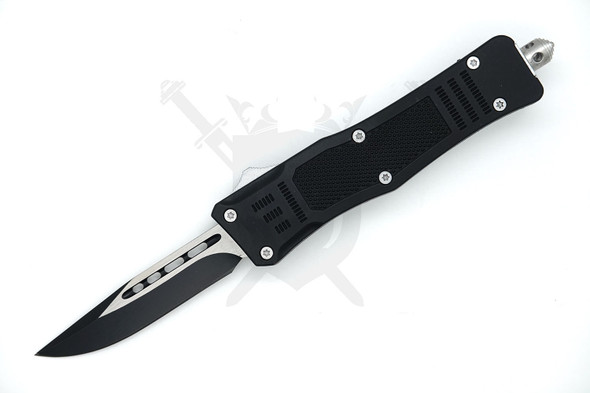 Armed Force Tactical OTF knife open side view highlighting clip point black blade