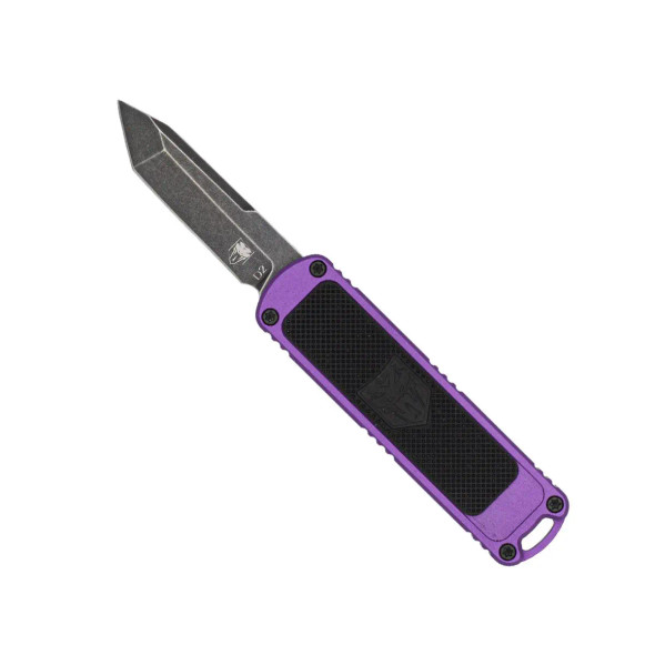 CobraTec Hornet OTF Automatic Knife in purple with 1.94 inch stonewashed D2 tanto blade deployed.