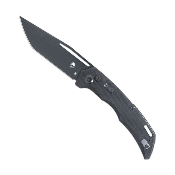 Primary Image: CobraTec Koa automatic knife with black G10 handle and 3.5 inch black titanium coated D2 tanto blade open