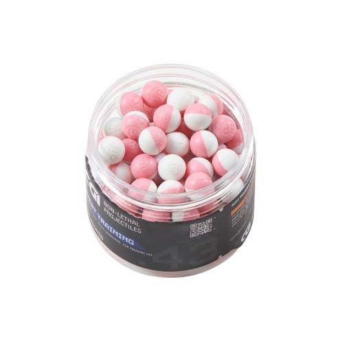 Top view image: Overhead view of pink and white .43 caliber inert training rounds inside a clear resealable jar.