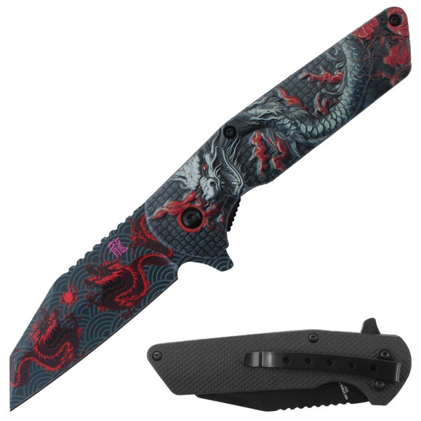 Razor Tactical assisted opening folding knife with 3D dragon print handle and reverse tanto blade shown open and closed on white background