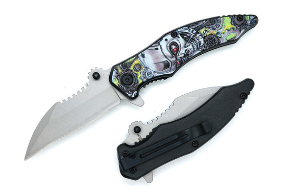 Razor Tactical Terminator machine skull assisted folding knife with gear-style spine and 3D embossed handle shown open and closed on white background
