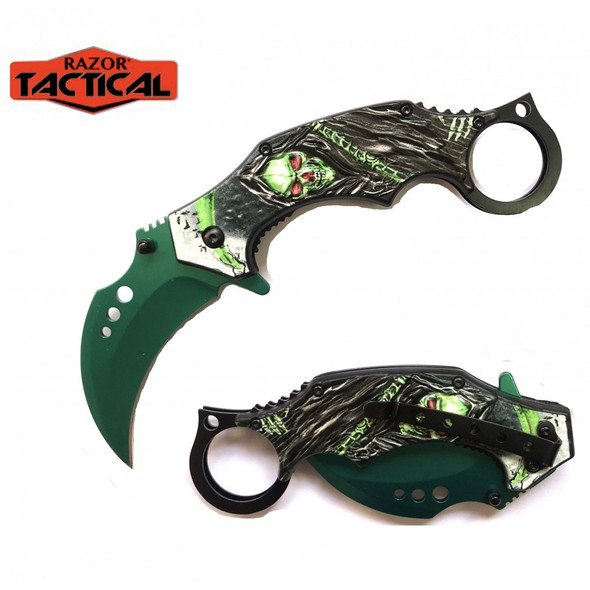 Razor Tactical Green Reaper karambit assisted folding knife with curved green blade and 3D embossed skull handle shown open and closed on white background