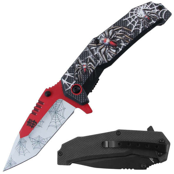 Razor Tactical spider web assisted folding knife with 3.5 inch red and stainless tanto blade and 3D embossed spider handle shown open and closed on white background