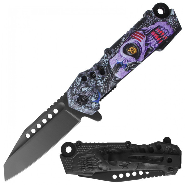 Razor Tactical blue and purple biohazard skull assisted folding knife with 3.25 inch blade shown open and closed