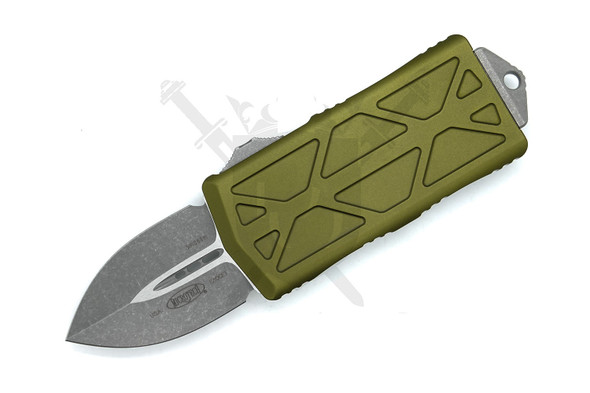 Microtech Exocet 157-10APOD OTF automatic knife with OD green aluminum handle and double edge apocalyptic M390 blade deployed.