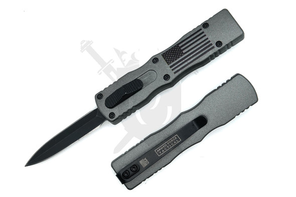 Armed Force Tactical Liberty Micro OTF knife with gray USA flag handle and black stonewash spear point blade
Close-up of black stonewash spear point blade on Liberty Micro OTF