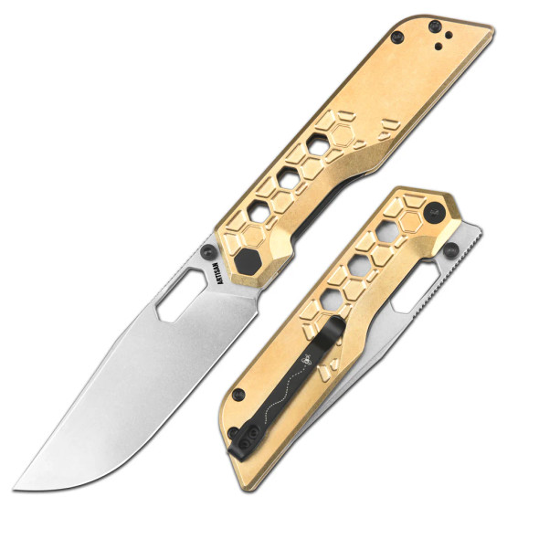 Artisan Cutlery Beest front flipper knife with stonewashed drop point AR-RPM9 blade and milled brass handles shown open and closed, featuring honeycomb milling pattern and deep carry pocket clip.