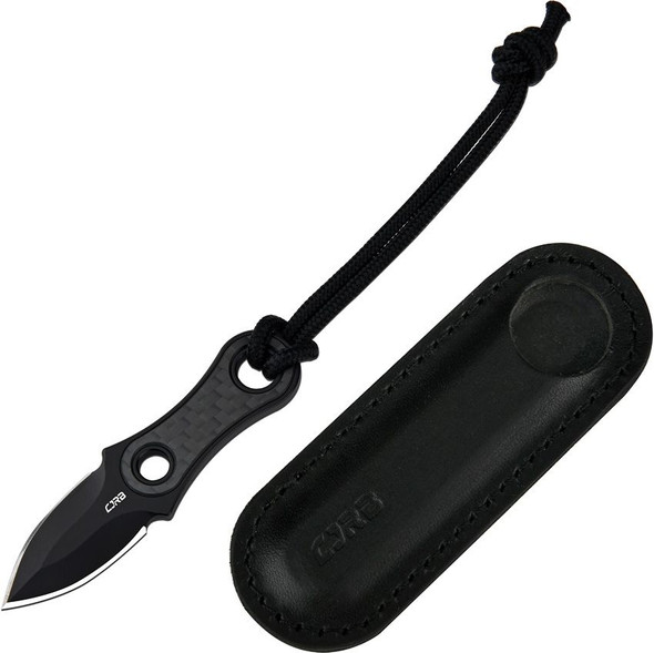 CJRB Knap fixed blade knife with 1.18 inch black PVD dagger blade, carbon fiber inlay handle, black lanyard, and black leather sheath