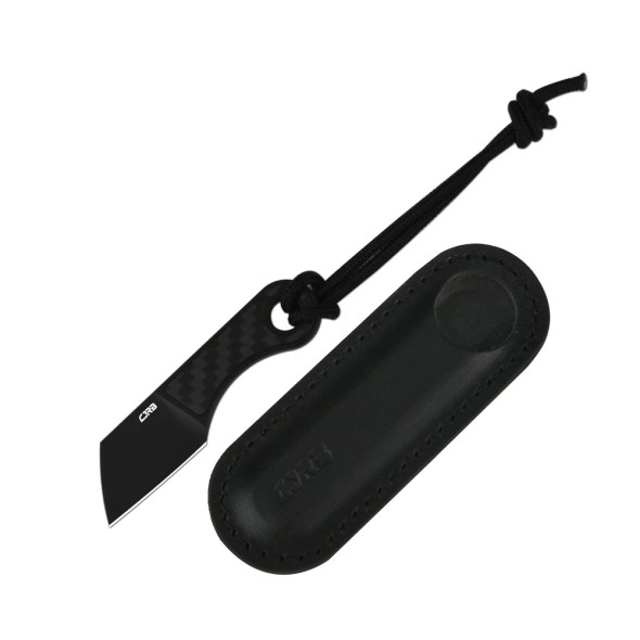 CJRB Chip fixed blade knife with black PVD cleaver blade and carbon fiber handle shown next to leather sheath with lanyard attached.