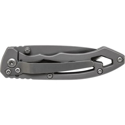 CK400 frame lock knife folded showing gray stainless steel handle and tip-down pocket clip.