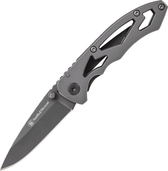 Smith & Wesson CK400 folding knife open with gray drop point blade and skeletonized stainless steel handle.