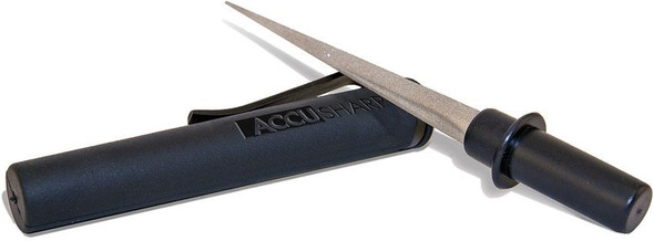 AccuSharp 050C diamond compact sharpener with diamond-coated rod extended and black handle with pocket clip.