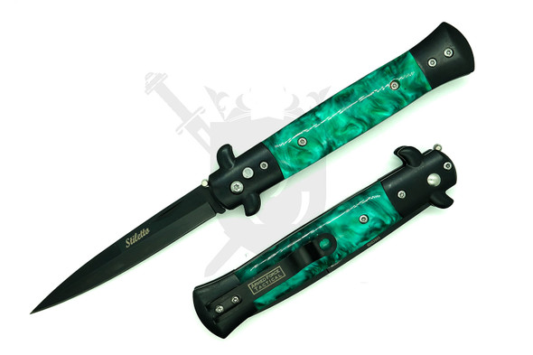 Armed Force Tactical Milano automatic stiletto knife with matte black spear point blade and green marbled handle