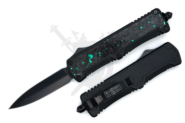 Armed Force Tactical Specter OTF automatic knife with black blade and green ember flake carbon fiber handle