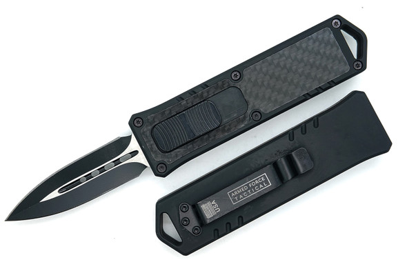 Armed Force Tactical Stealth Pulse compact OTF knife with carbon fiber black handle and matte black dagger blade