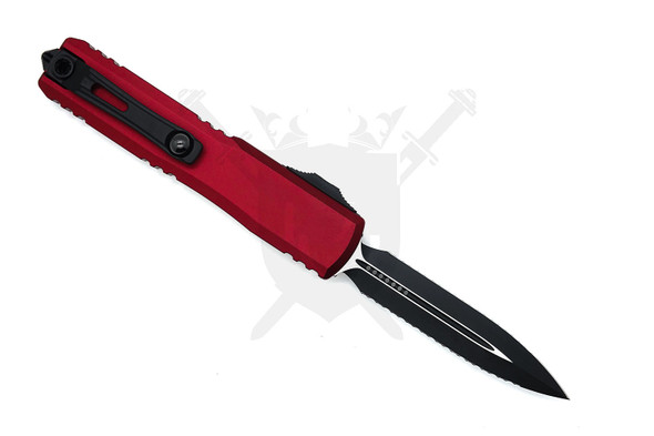 Microtech Ultratech Gen IV merlot handle OTF knife open showing black double edge full serrated blade and pocket clip side