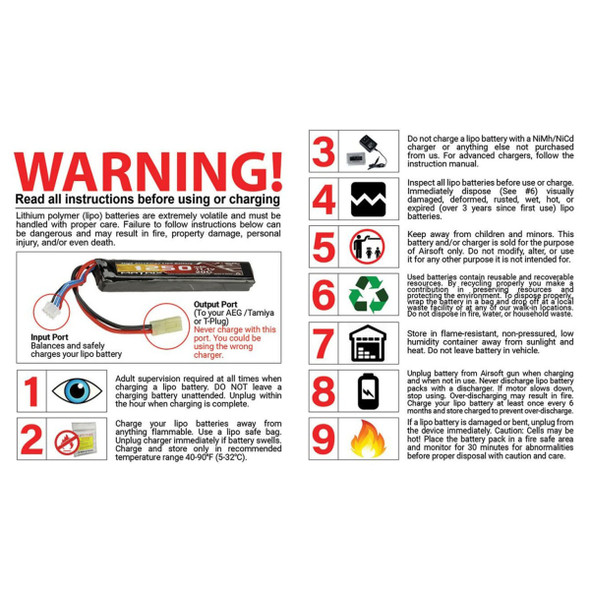 Lancer Tactical LiPo battery safety warning instruction sheet