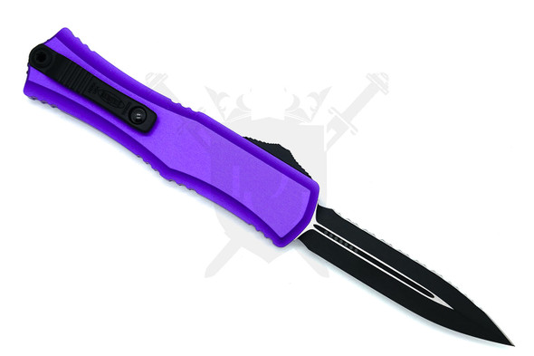 Rear view showing titanium pocket clip with roller ball on purple handle