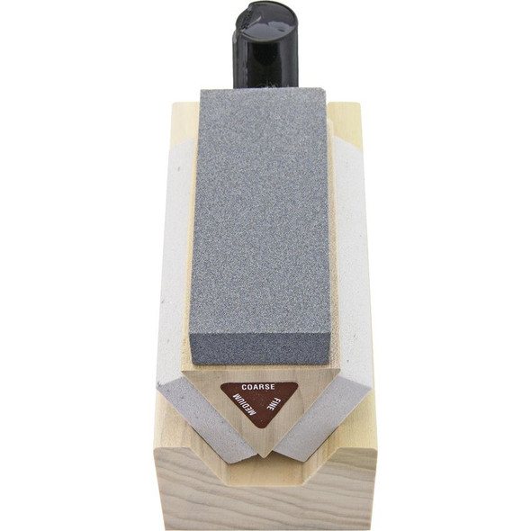 Top view of rotating tri-hone sharpening system showing coarse, medium, and fine stone layout