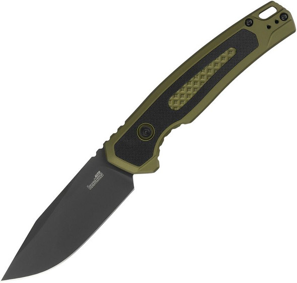 Kershaw Launch 21 automatic knife with black PVD drop point blade and olive green aluminum handle featuring black G10 inlays.