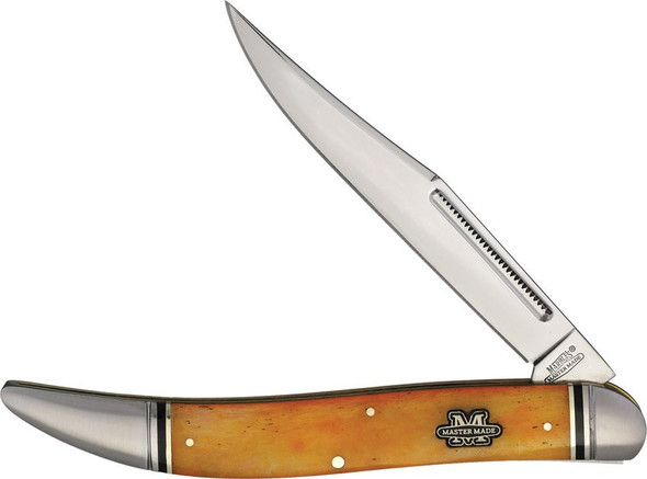 Marbles Master Made toothpick knife close-up showing blade and orange bone handle detail