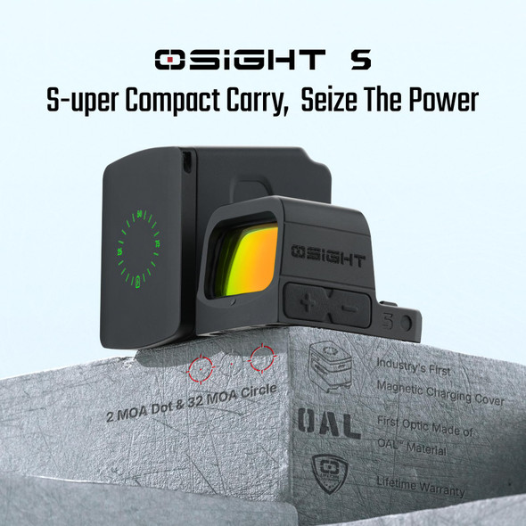 Osight S compact optic displayed with charging cover on product box
