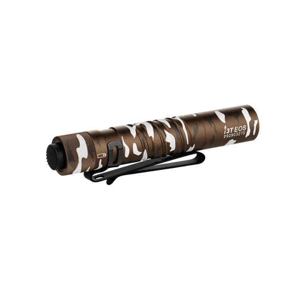 Olight i3T EOS Shadow Dune Edition rear view showing tail switch and model marking