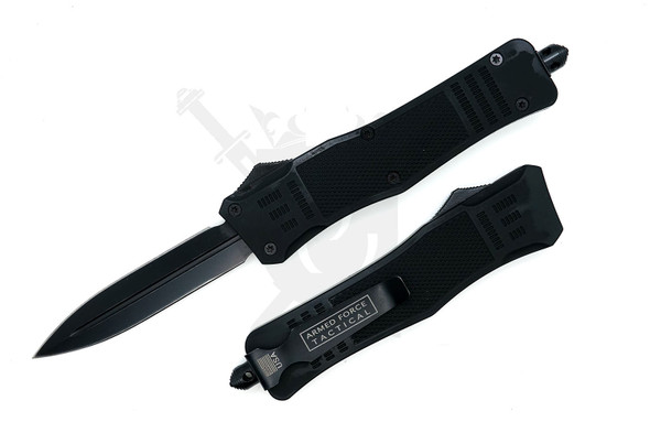 Armed Force Tactical Shadowline double action OTF knife shown open and closed with matte black dagger blade and black textured handle on a white background.