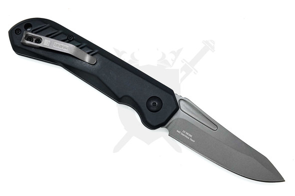 Clip side view of Armed Force Tactical automatic knife with black aluminum handle and metal pocket clip.