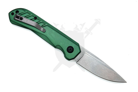 Clip side view of green handled Armed Force Tactical automatic knife showing pocket clip and textured grooves.