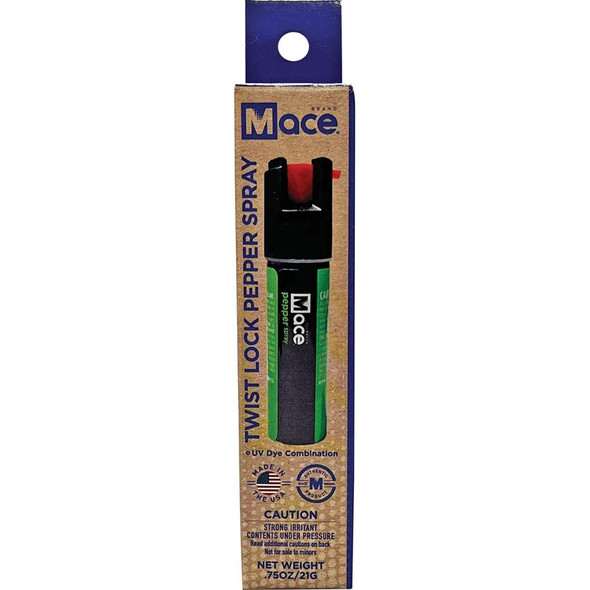 Retail packaging of Mace twist lock pepper spray showing product and specifications
