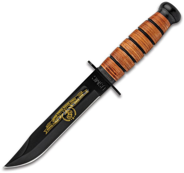 United Cutlery USMC Tribute combat knife with black blade and gold etching and stacked leather handle