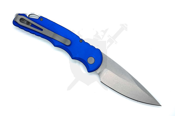 Pro-Tech TR-5 folding automatic knife rear view blue handle deep carry pocket clip detail