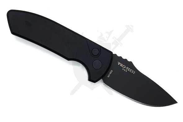 Pro-Tech SBR left handed automatic knife black DLC blade black aluminum handle open position Les George design