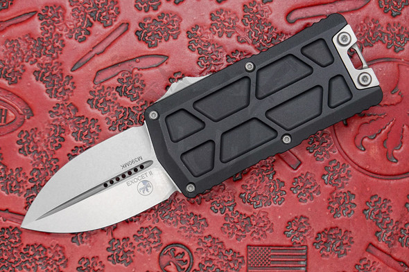 Microtech Exocet II black aluminum handle with stonewashed double edge blade open front side view
