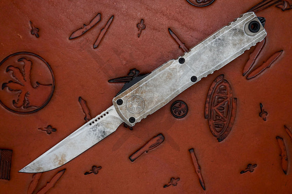Microtech Ultratech Sand Trooper open blade close-up highlighting weathered finish and M390MK steel