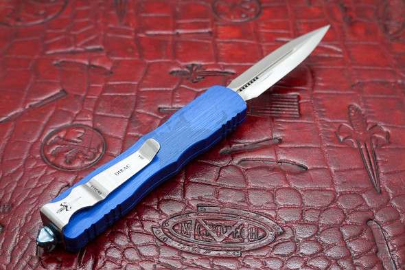 Rear view of Marfione Custom Dirac open showing satin pocket clip and blue anodized handle