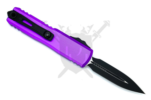 Microtech UTX-85 purple automatic knife open showing pocket clip side angle view