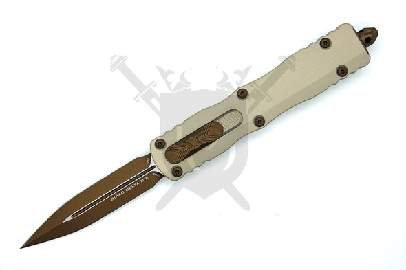 Microtech Dirac Delta OTF knife open with burnt bronze double edge blade champagne handle front view
