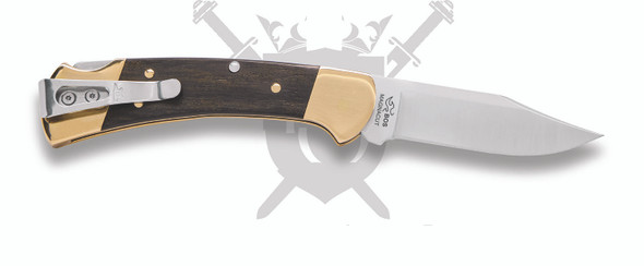 Buck 112 Ranger Slim Elite knife angled view showing satin clip point blade and brass bolsters