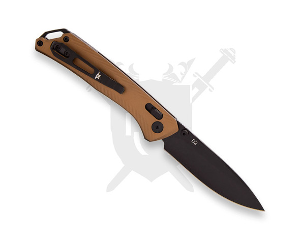 Rear view of Buck Knives 700 Nomad showing reversible black pocket clip and bronze anodized aluminum handle with black oxide blade