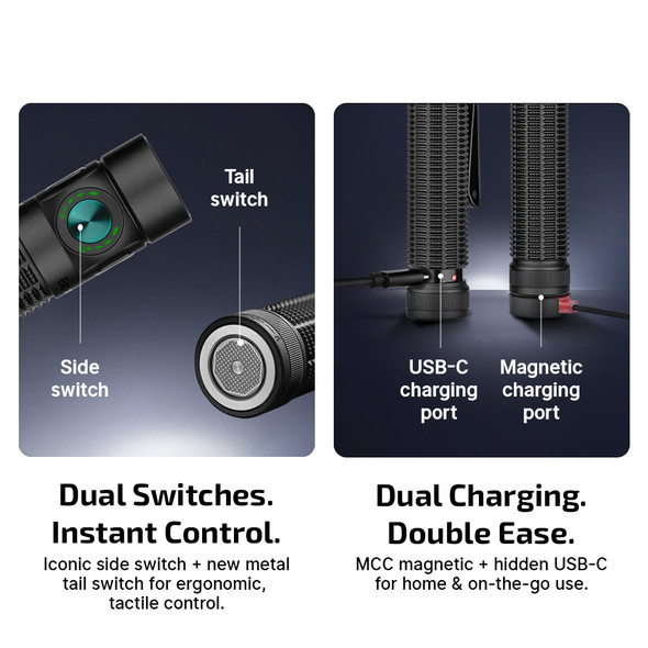 Olight Baton 4 Pro flashlight showing dual switches, USB-C charging port, and magnetic charging capabilities
