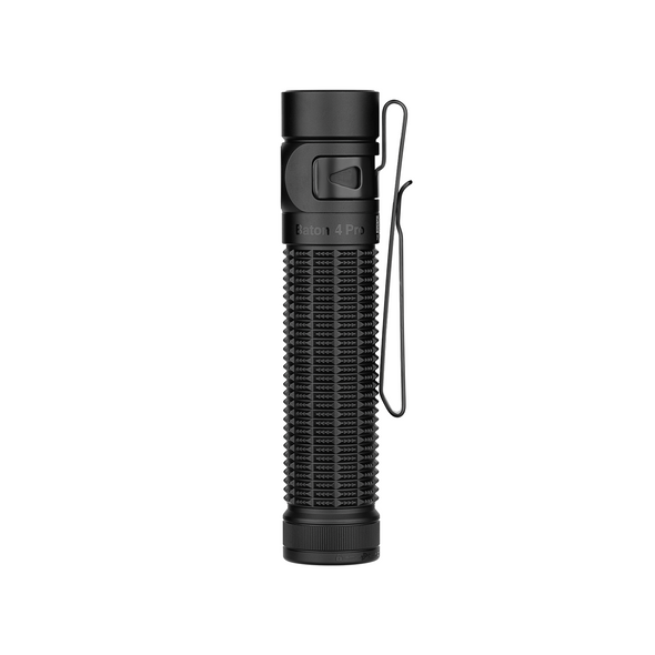 Side profile of Olight Baton 4 Pro Black flashlight showing removable pocket clip and anti-slip textured body