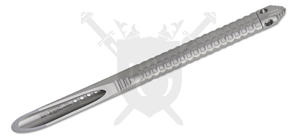 Microtech TAC-P Mini 112M-7 bead blasted stainless steel tactical spike shown outside the sheath with frag-patterned grip and glass breaker.