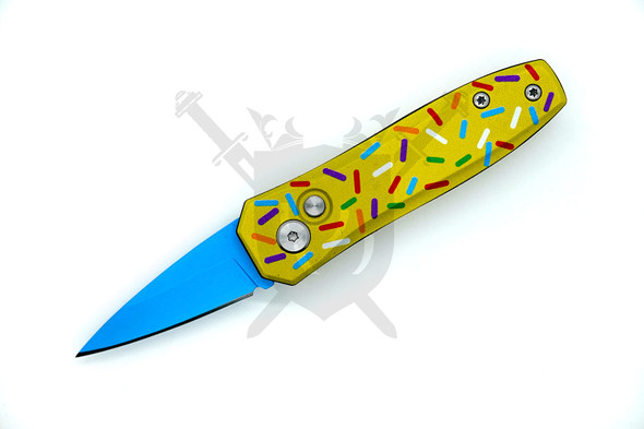 Front side view of the Sprinkle Snap donut themed automatic knife with blue blade deployed.