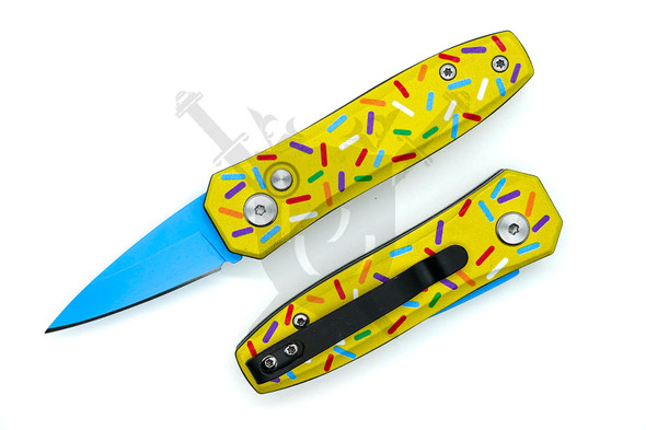 Sprinkle Snap mini automatic knife with yellow donut sprinkle handle and blue spear point blade open beside closed view.