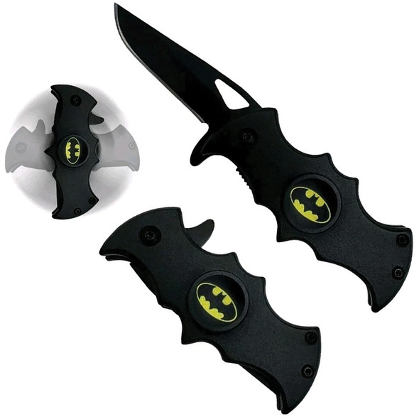 Gotham Spinner Bat Wing Vigilante assisted opening knife open and closed with black blade and yellow emblem