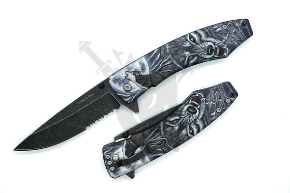 Wolf Moon spring assisted folding knife opened and closed showing wolf artwork aluminum handle and black stonewashed serrated blade