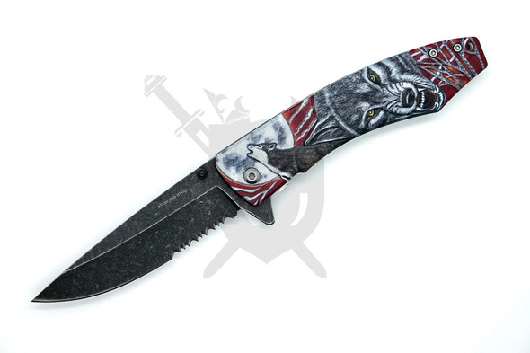 Open Red Wolf Moon assisted pocket knife with half serrated black stonewashed blade and red wolf scene handle